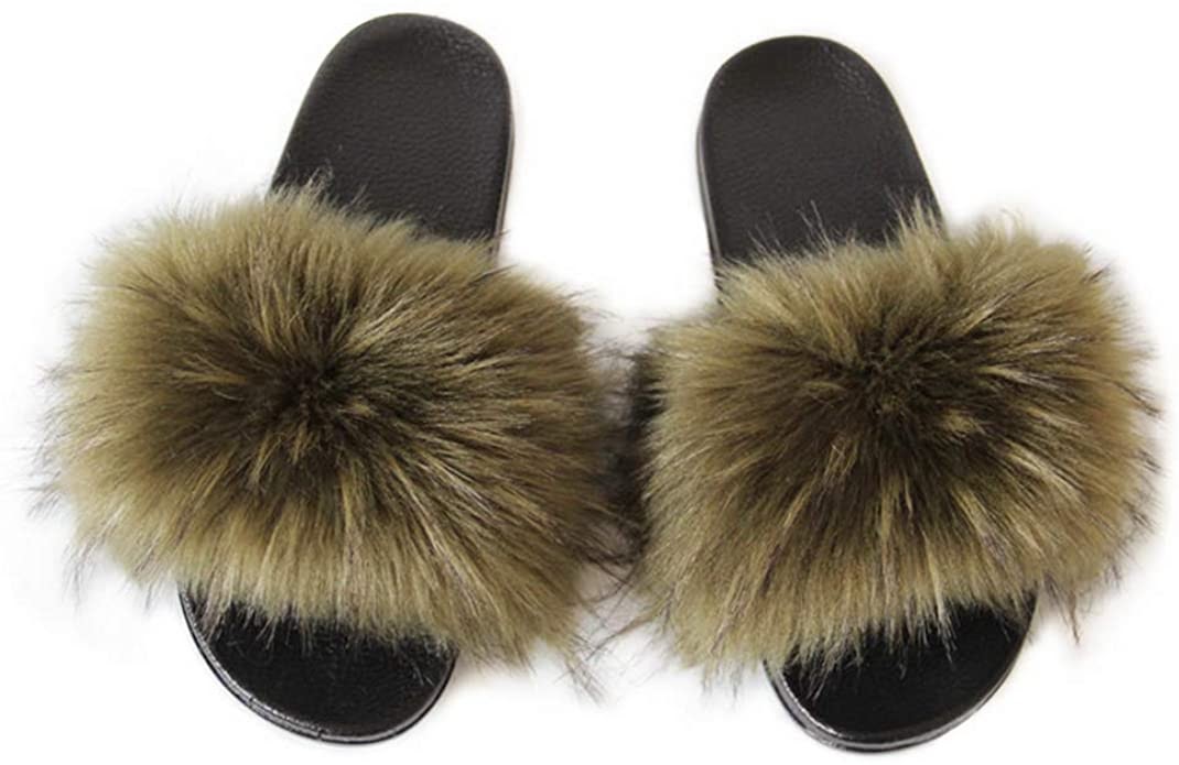 LSWJS Women's Vegan Faux Fur Slippers Fuzzy Slides