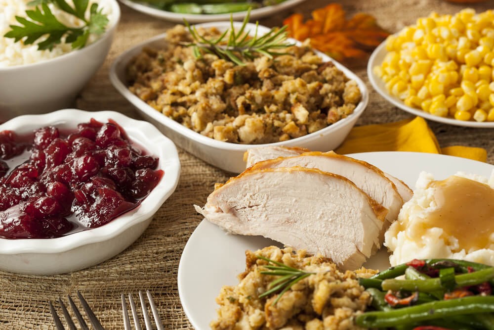 Plate filled with Thanksgiving food