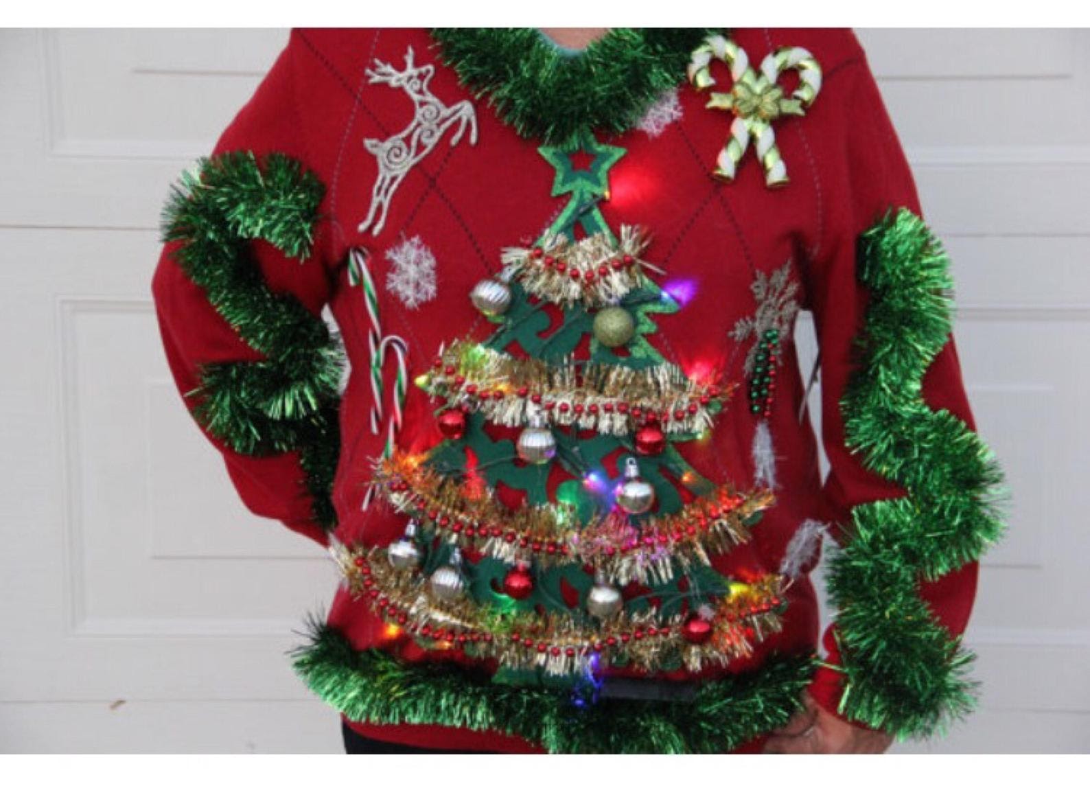 ugly sweater with Christmas tree and ornaments