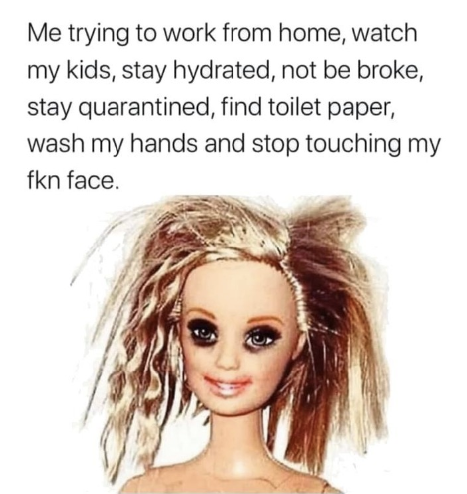 Frazzled Barbie Working from home