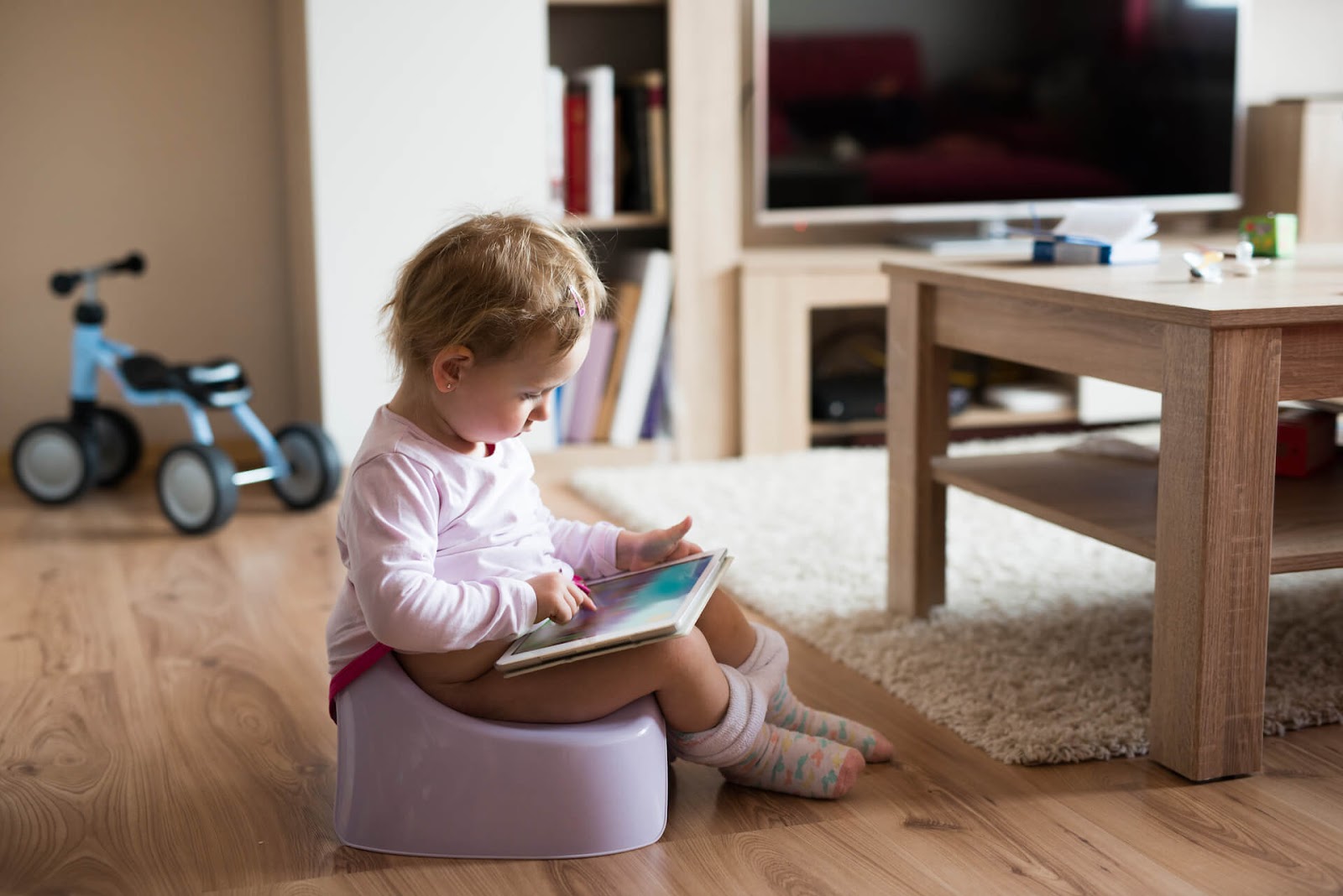 Toddler girl sitting on a potty in the living room
