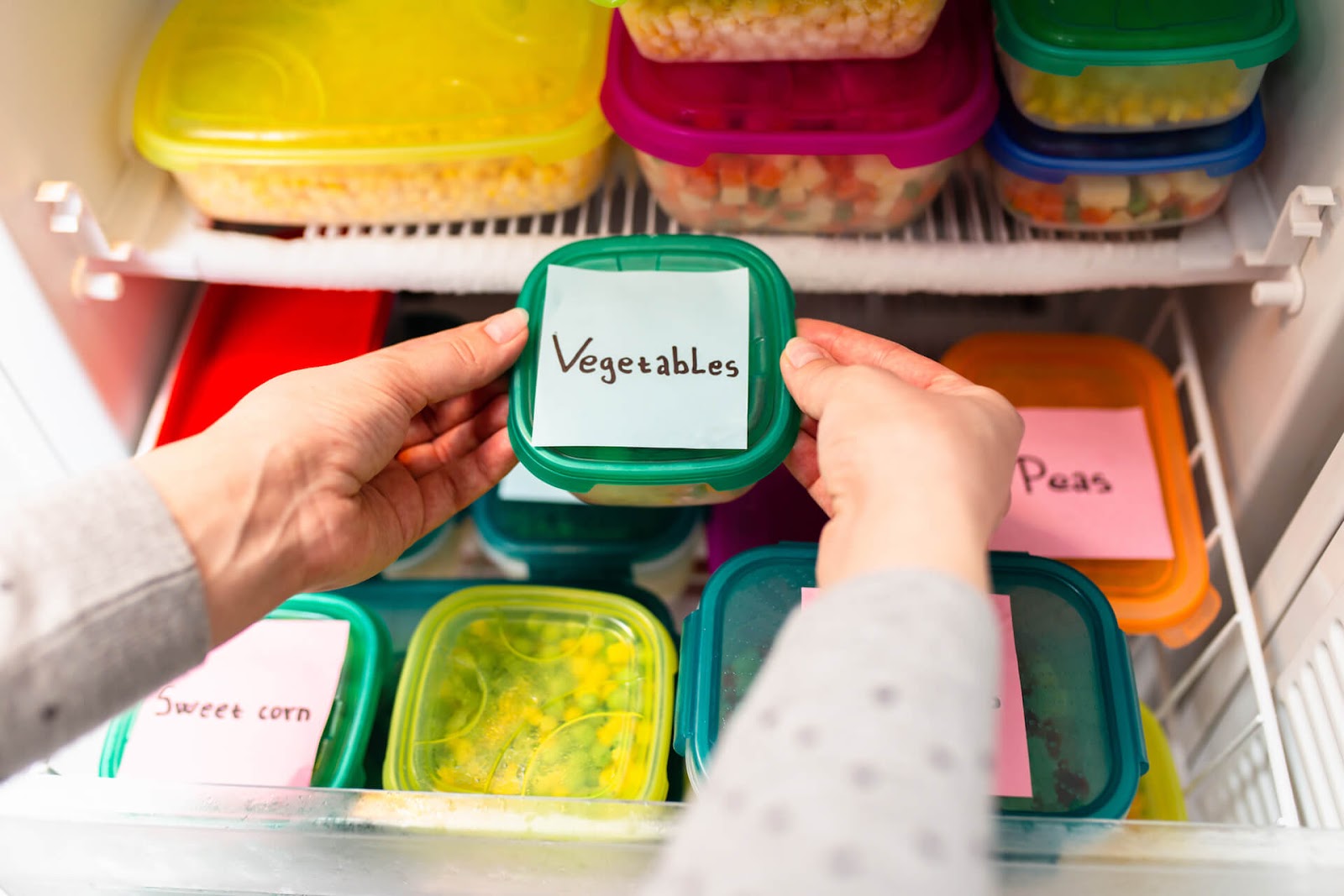 Woman pulling out labeled vegetables from her freezer