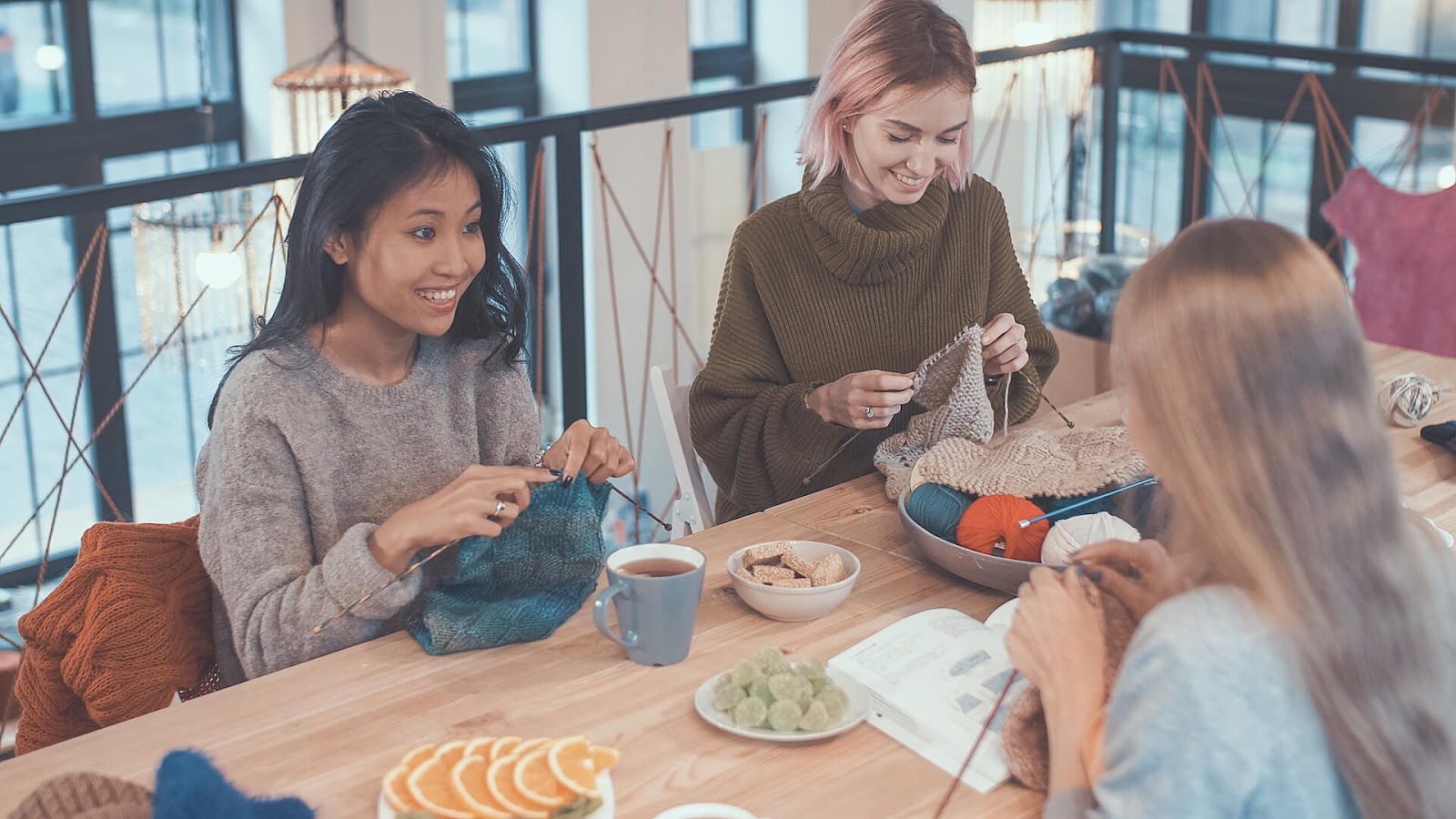 Group of girls knitting