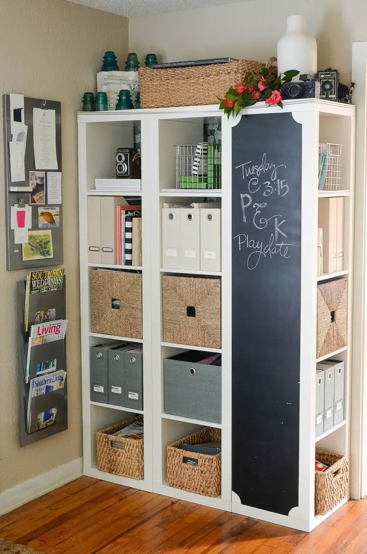 Kallax bookshelves turned into a kitchen command center and storage