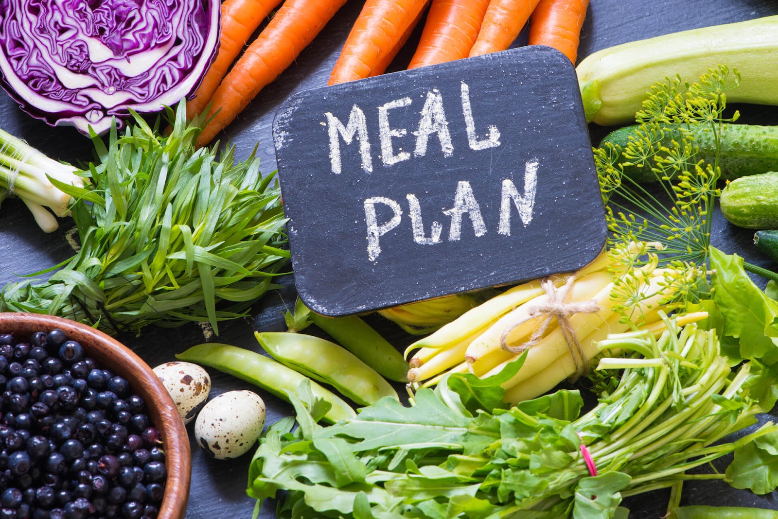 Meal plan sign on top of veggies