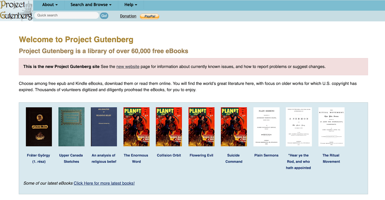 Project Gutenberg's home screen
