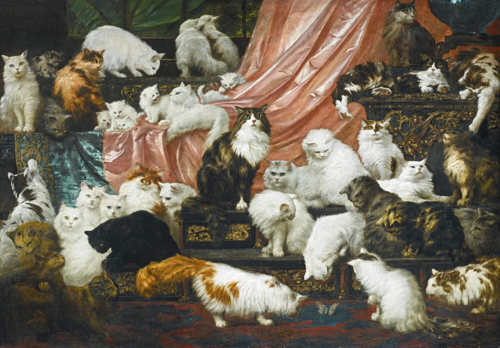 Photo of dozens of cats lounging in a regal setting