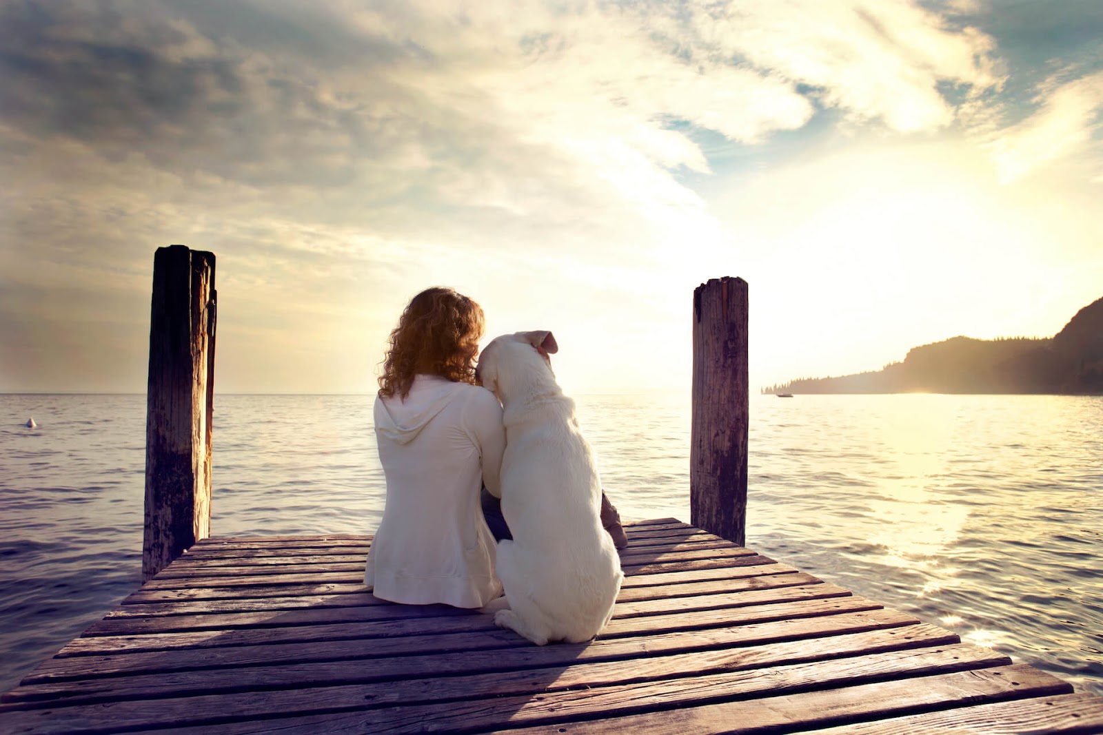 Woman snuggling with her dog on a dock overlooking a beautiful view
