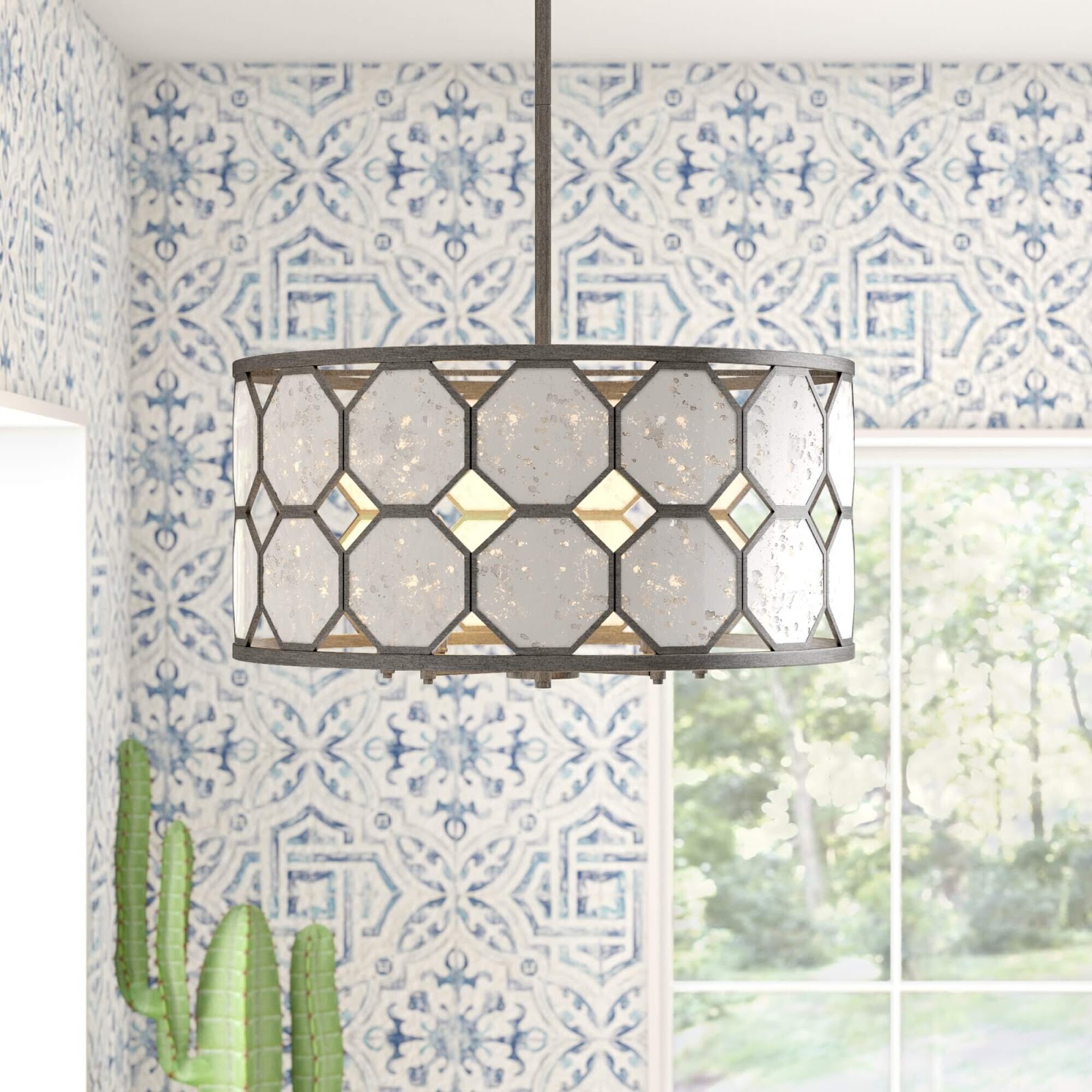 Bohemian chandelier with cactus in background