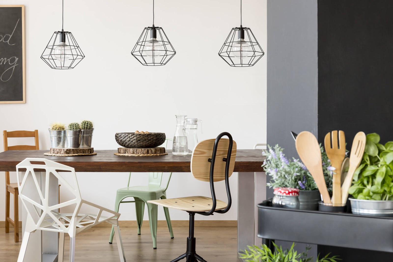 Industrial style pendant lights over a dining room table