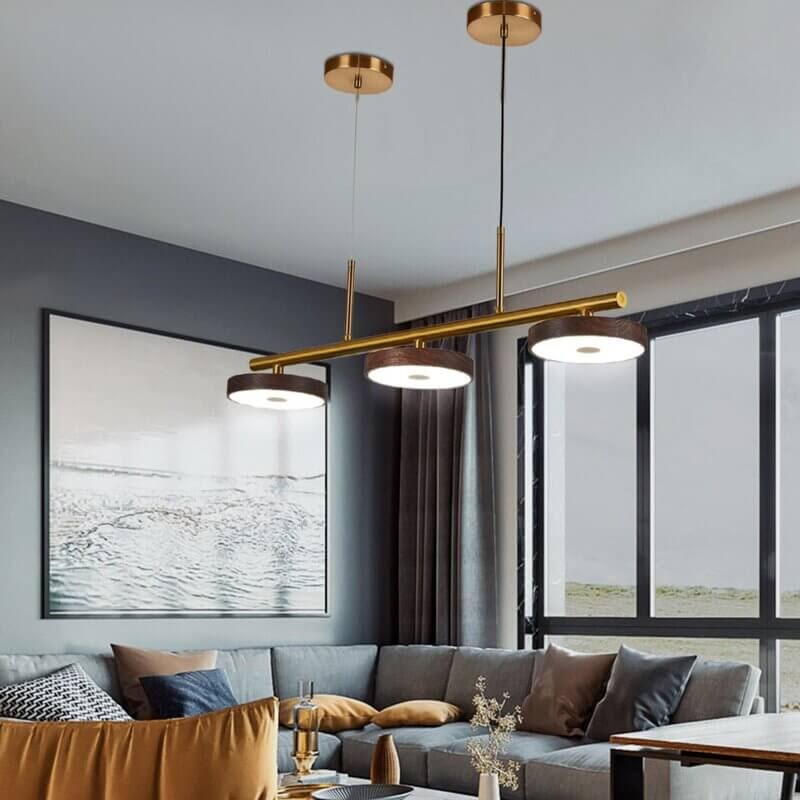 metal mid-century modern linear chandelier in living room