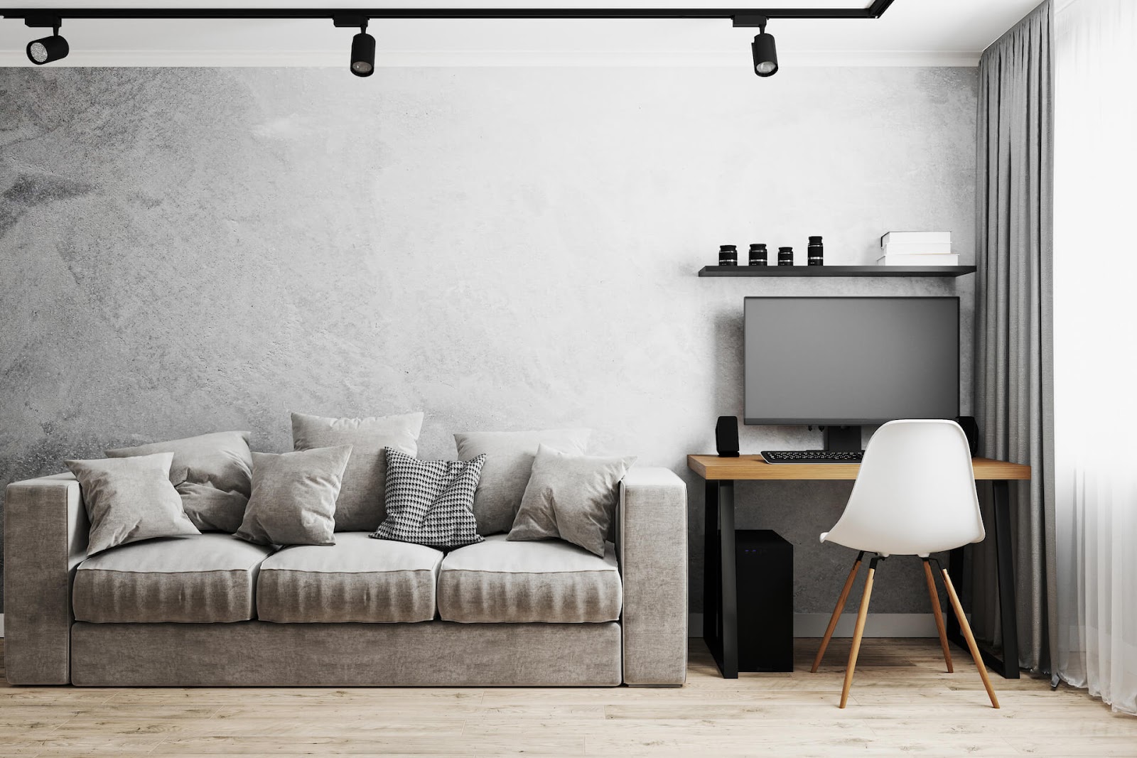 Track lighting in a mid century modern living room