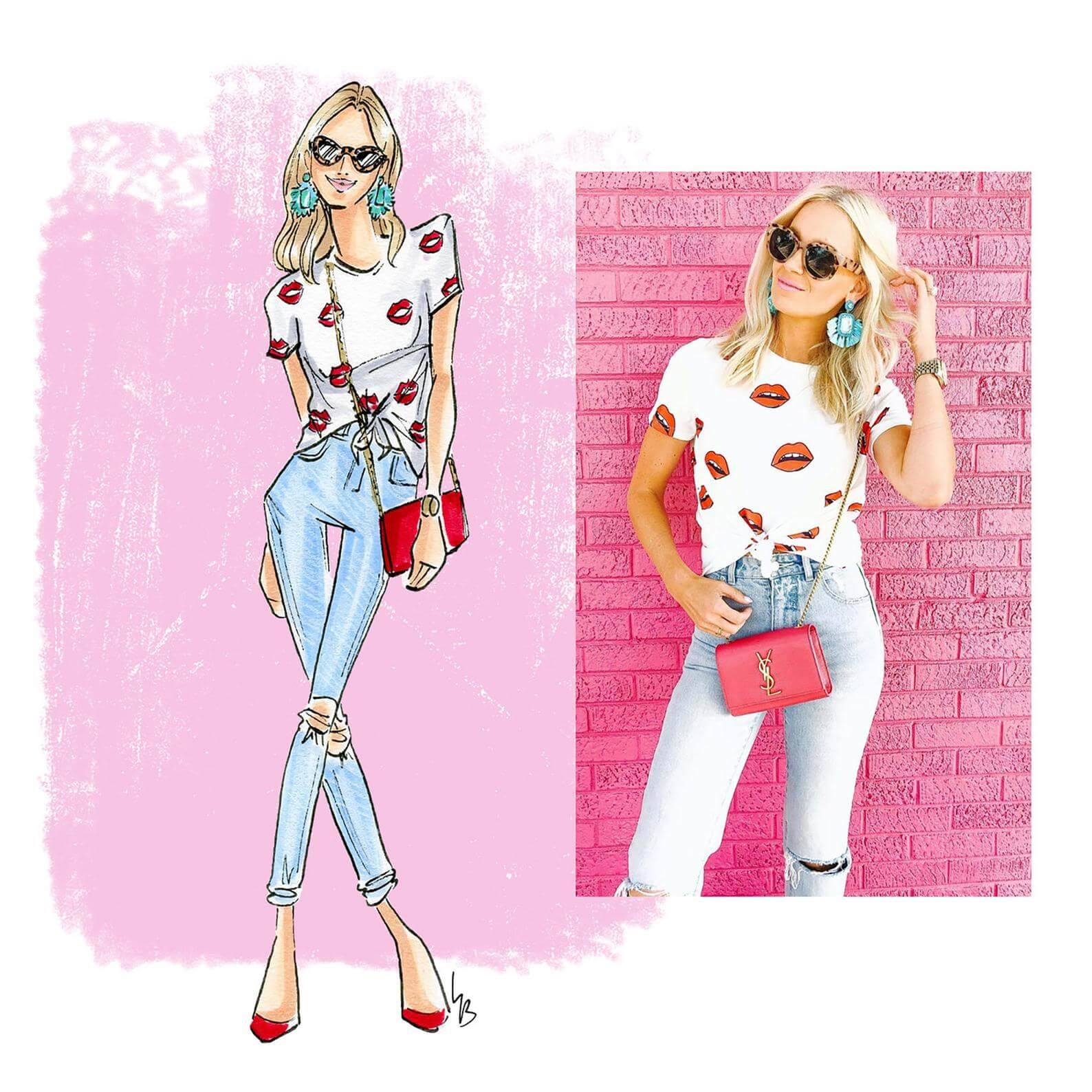 Trendy woman with lips on her shirt and big blue earrings next to her cartooned version