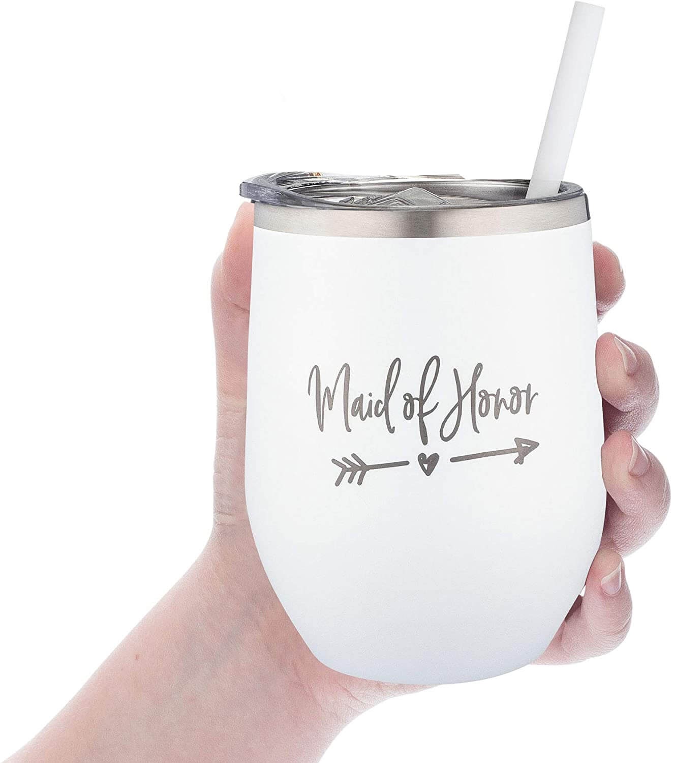 Hand holding Maid of Honor tumbler