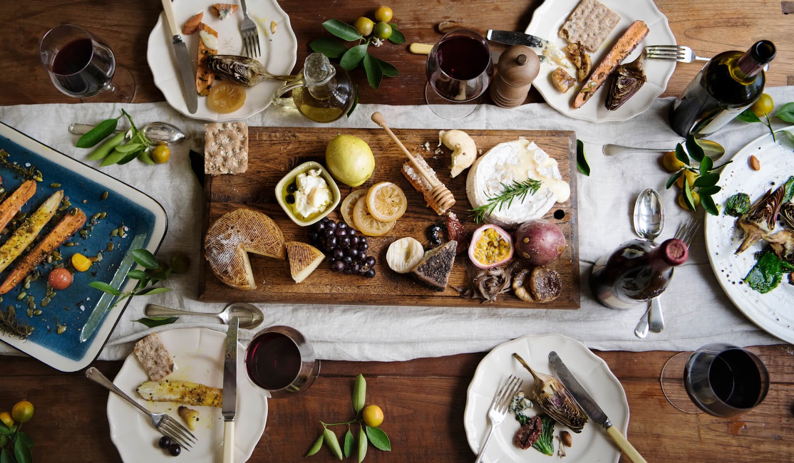 Birds eye view of family-style wedding appetizers