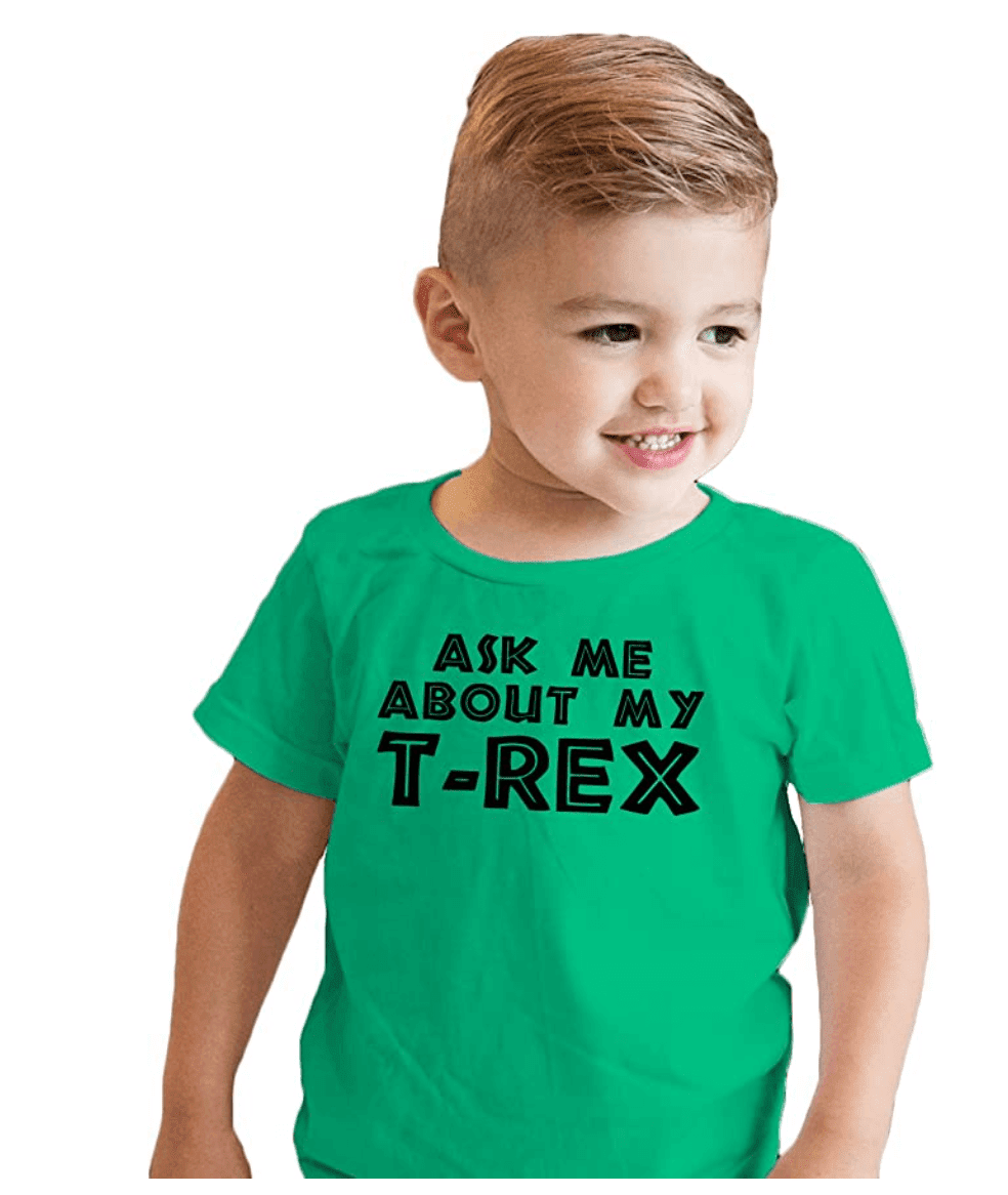 Little boy wearing a t-shirt that says "Ask me about my T-Rex"