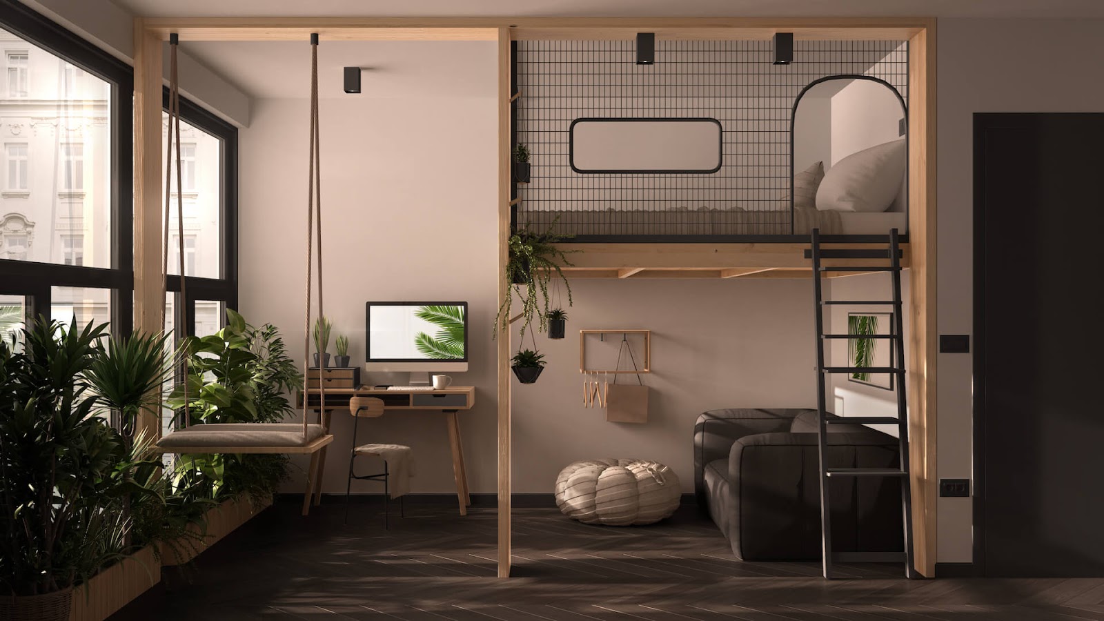 Minimalist and boho inspired studio with loft bed