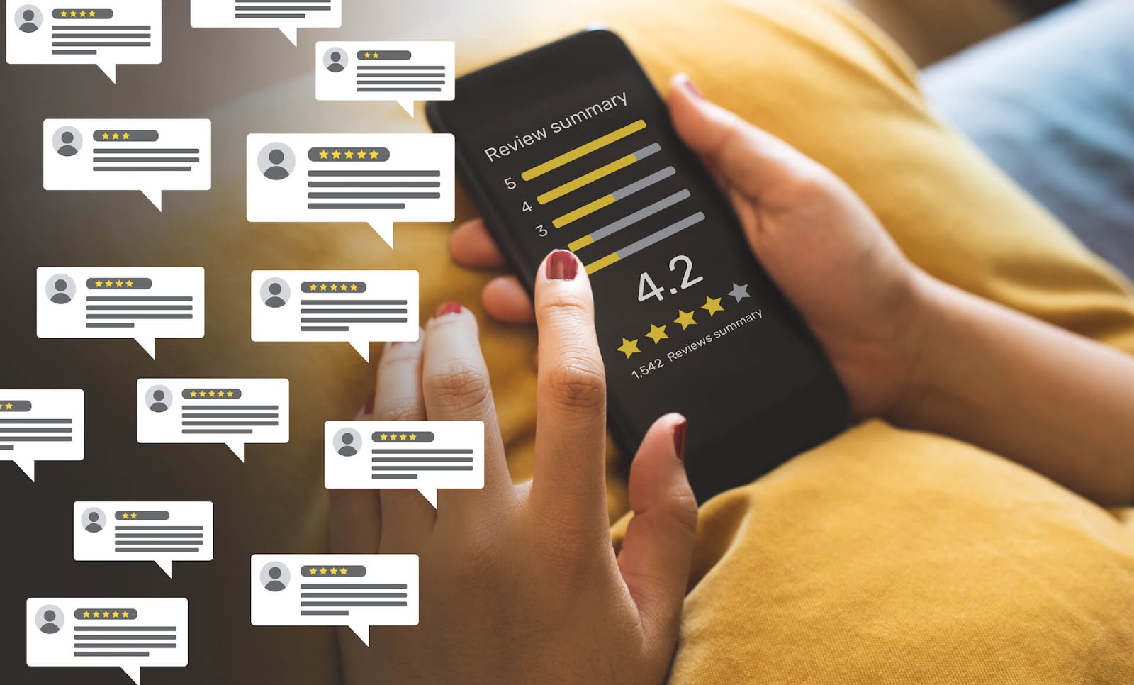 Woman looking up reviews for an above ground pool on her phone