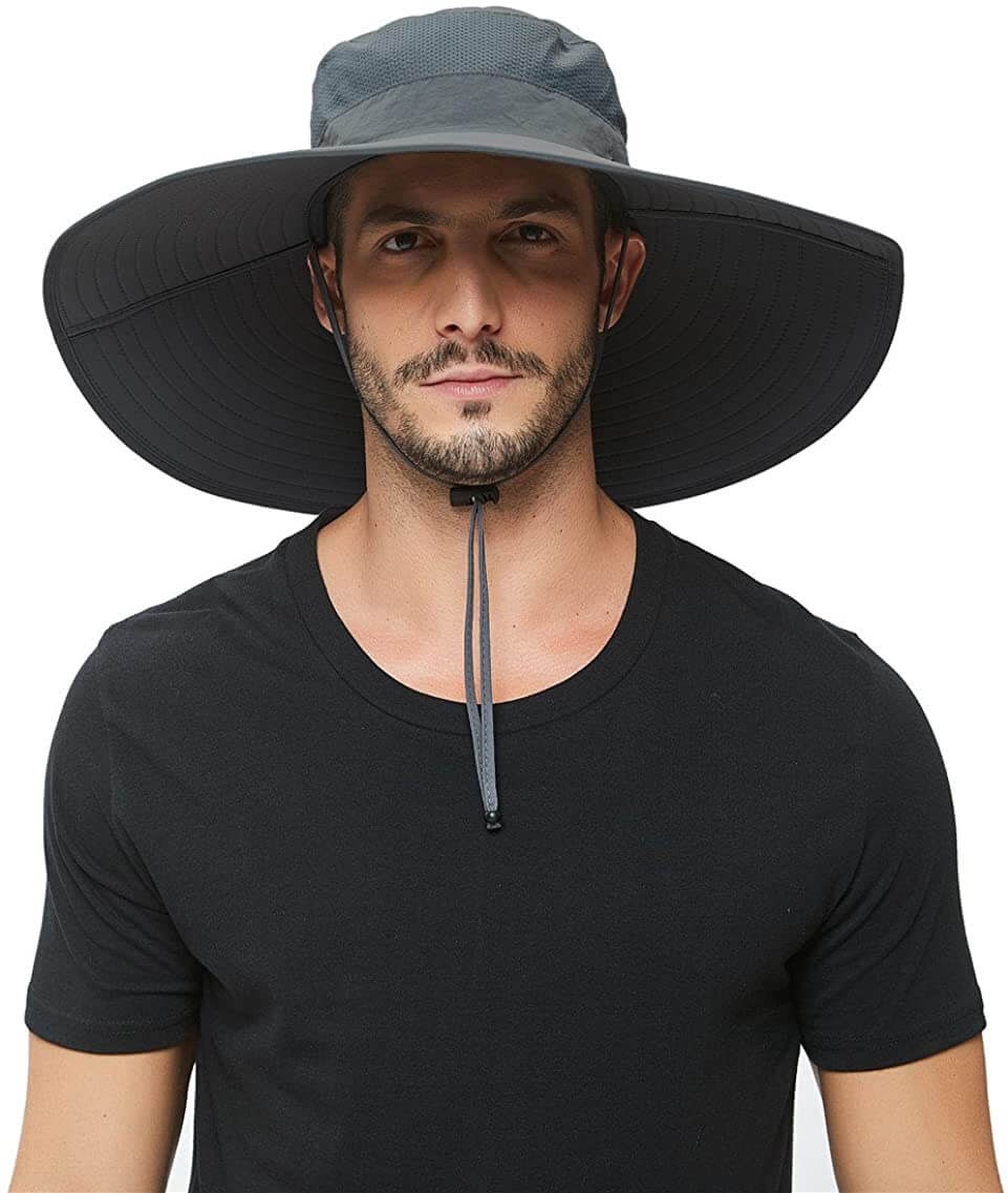 Man in a wide-brimmed garden hat