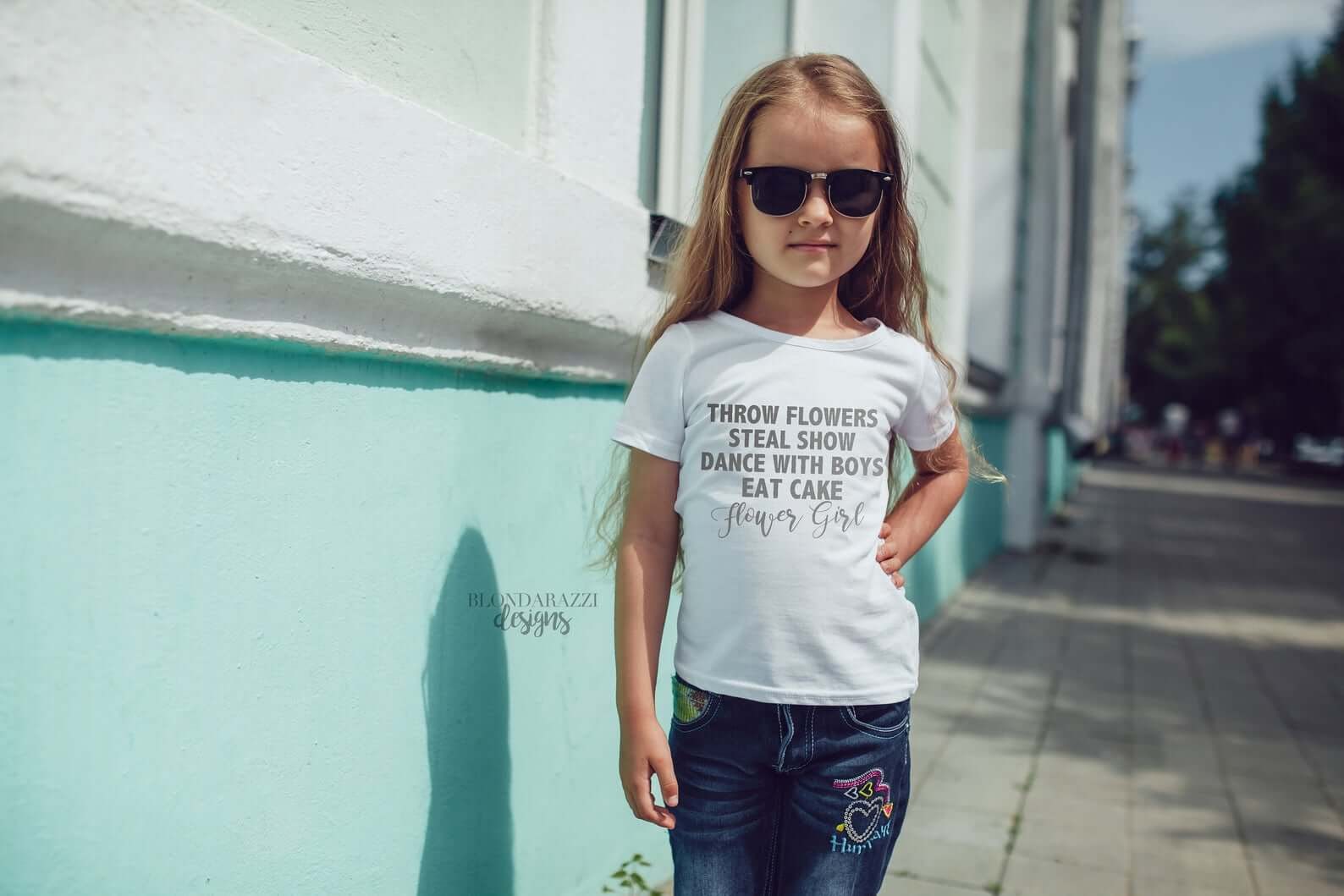 Shirt that says "Throw Flowers, Steal Show, Dance with Boys, Eat Cake, Flower Girl"