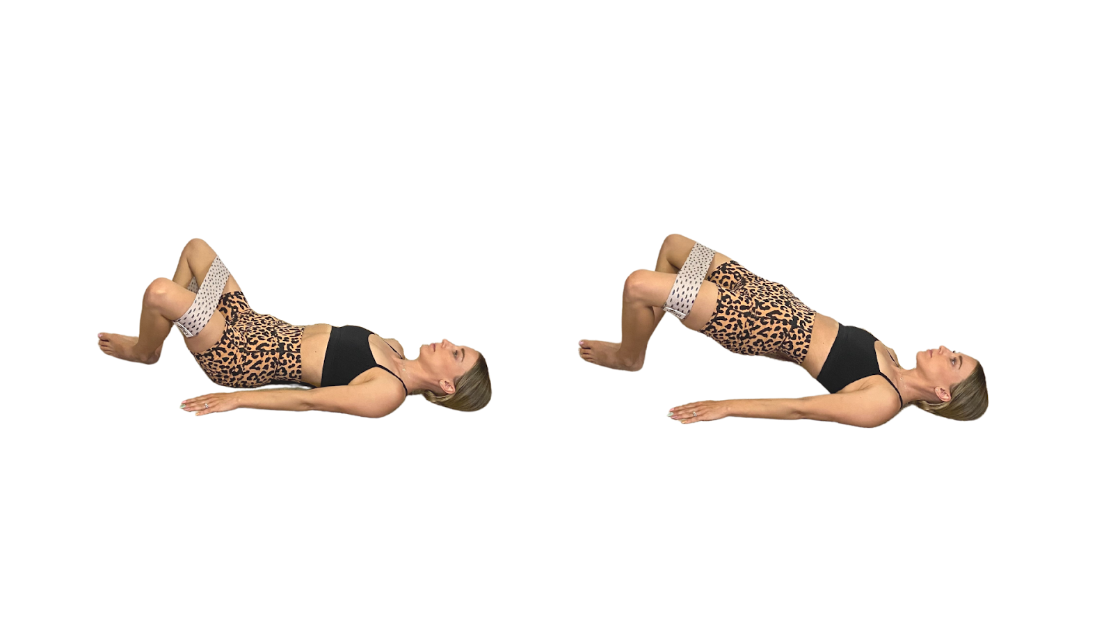 Frog hip lifts with bands around thighs