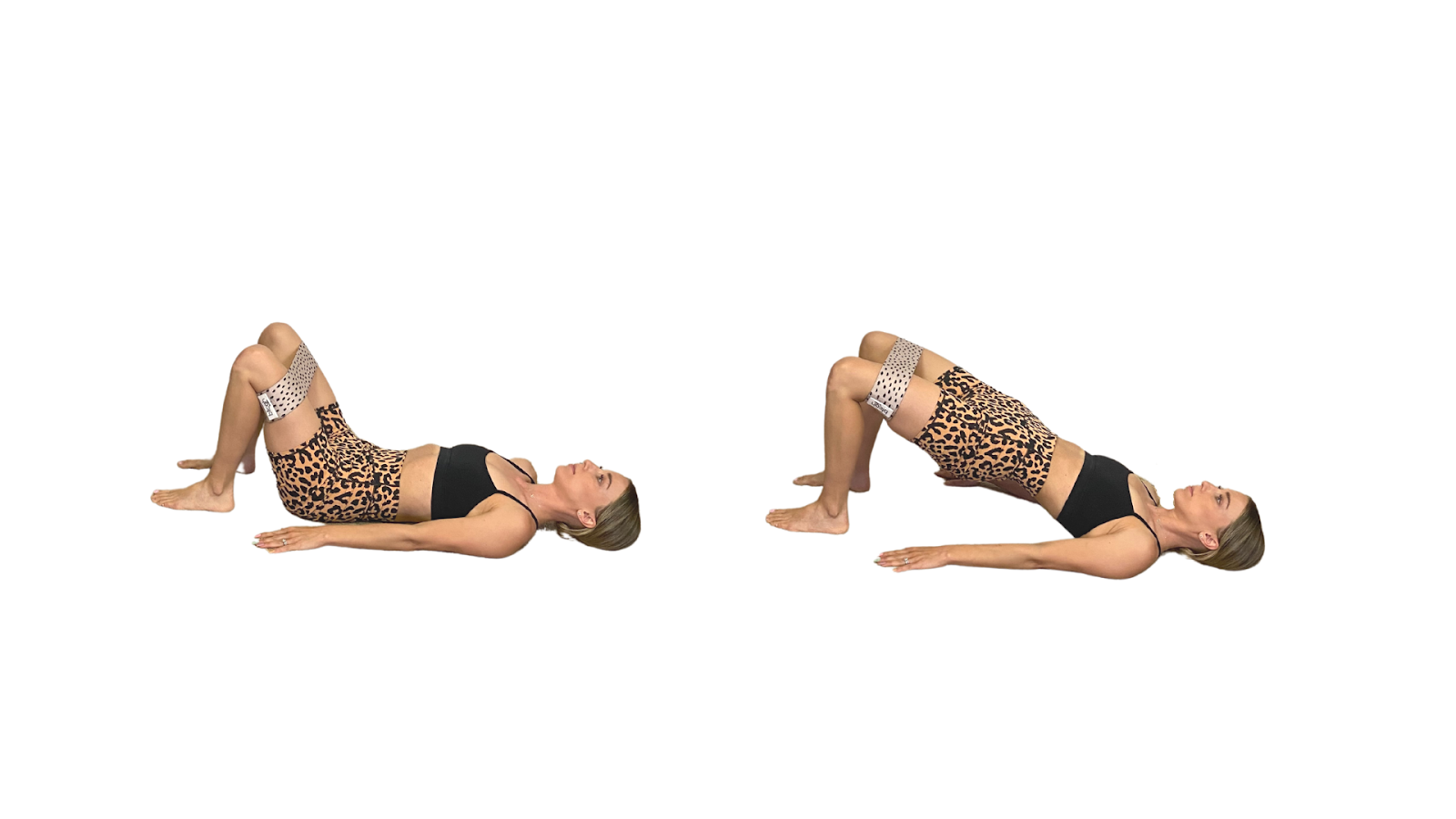 Emily showing a hip bridge with a resistance band around her thighs