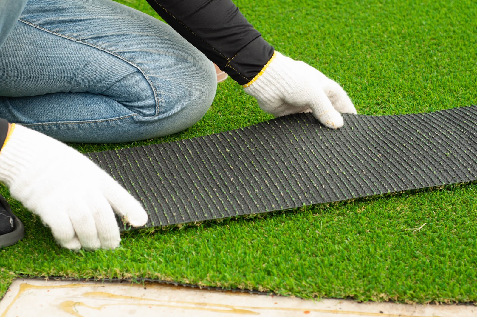 someone installing artificial grass