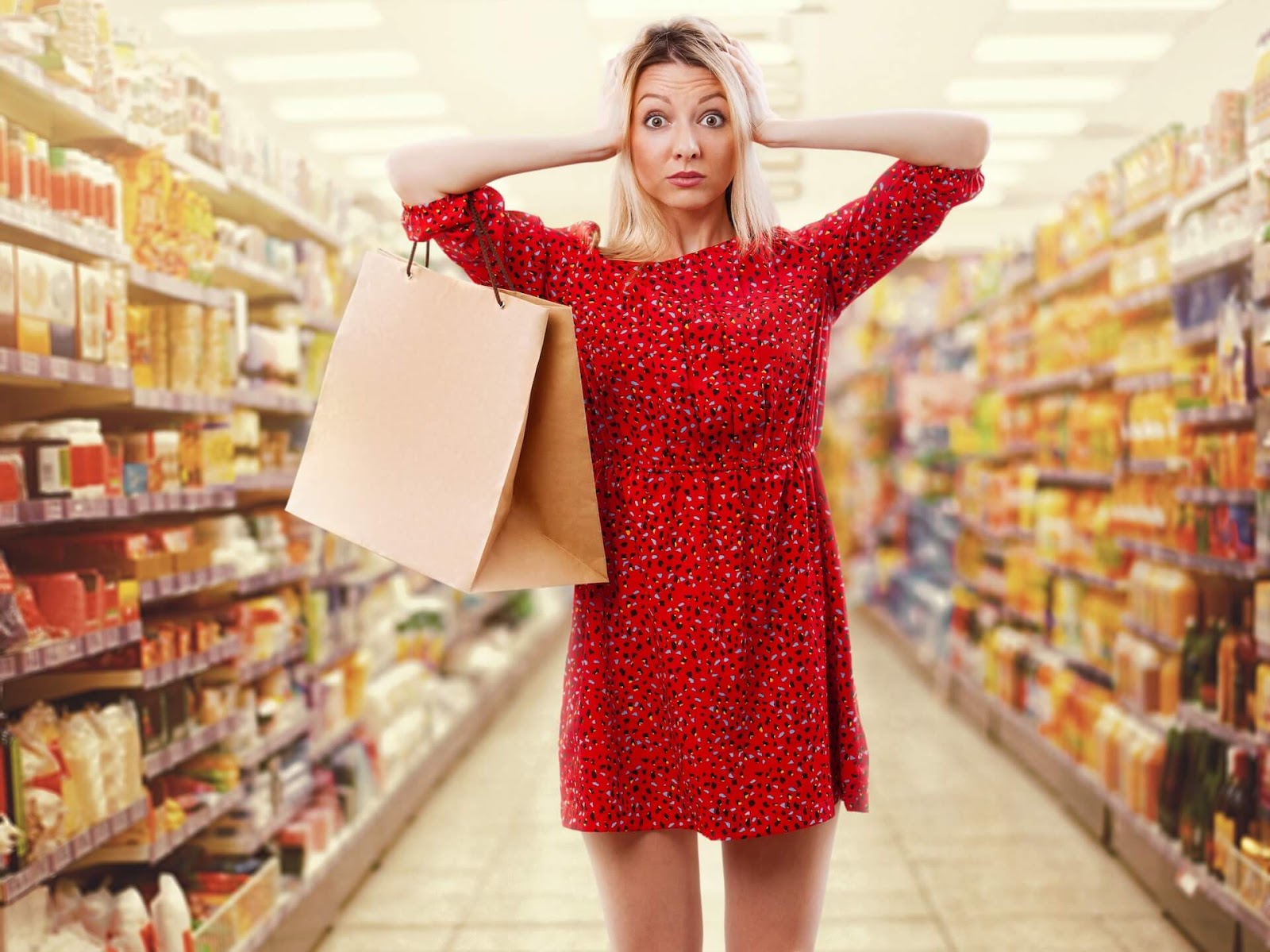 Woman looking frazzled in a grocery store