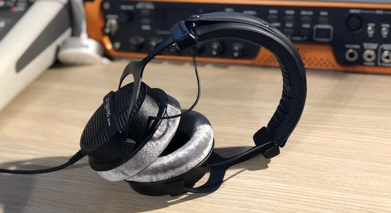 Pair of Beyerdynamic Pro headphones on a desk