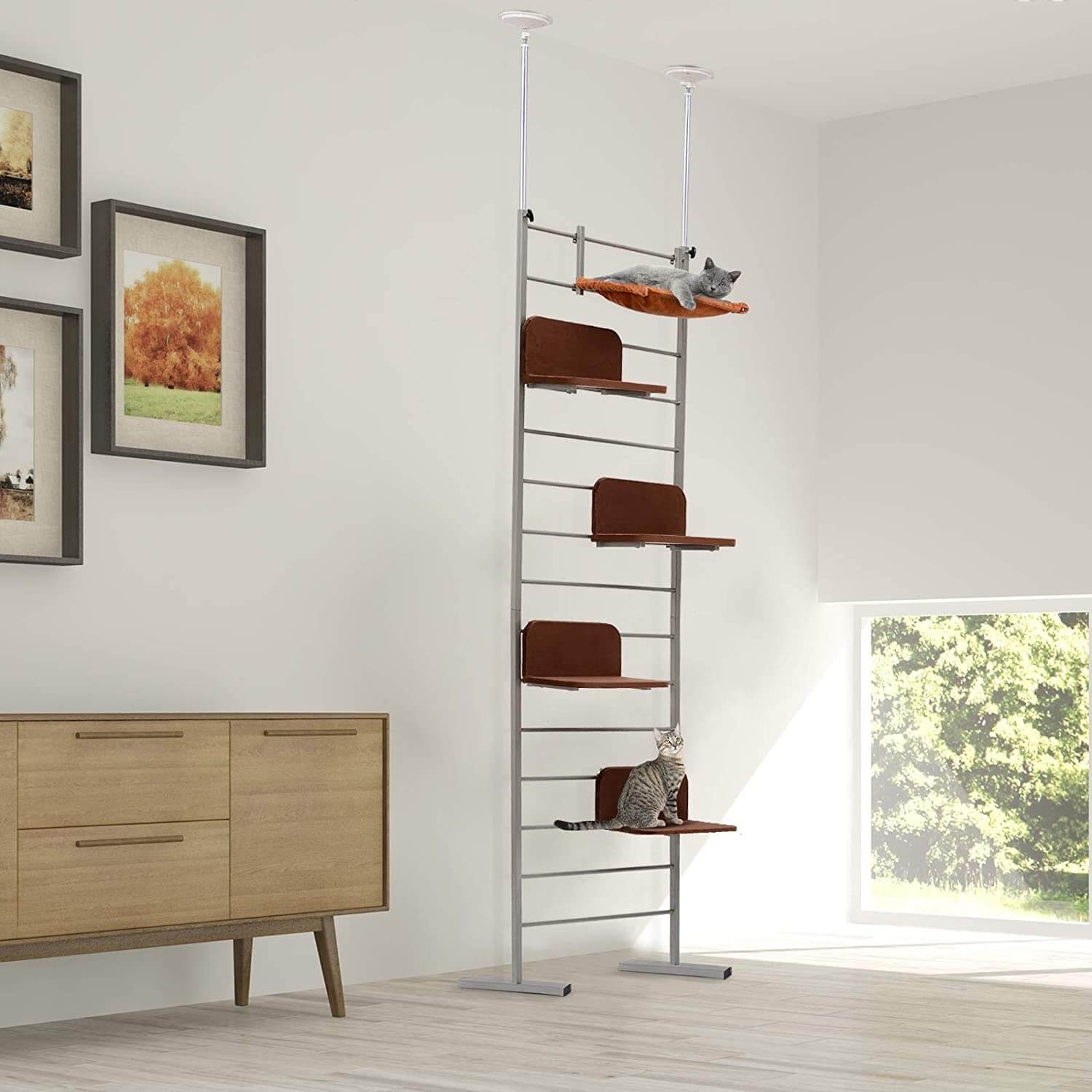 PawHut 108" Floor-to-Ceiling Adjustable Staggered Climbing Cat Tree Tower
