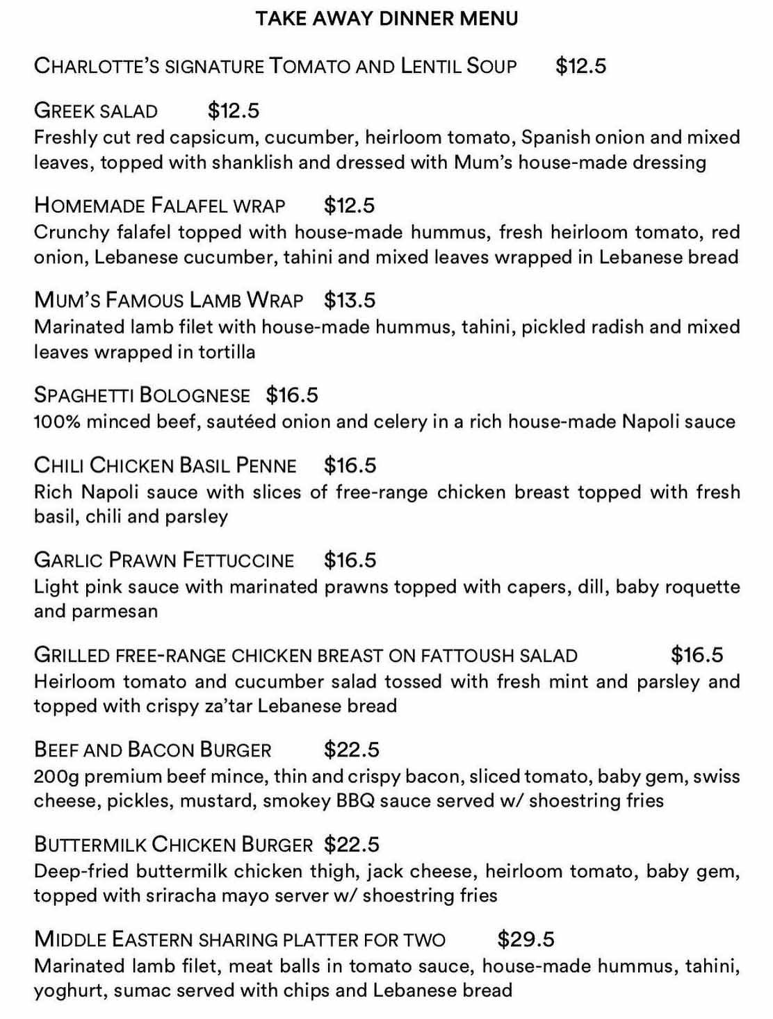 Charlotte Cafe - Dinner takeaway menu