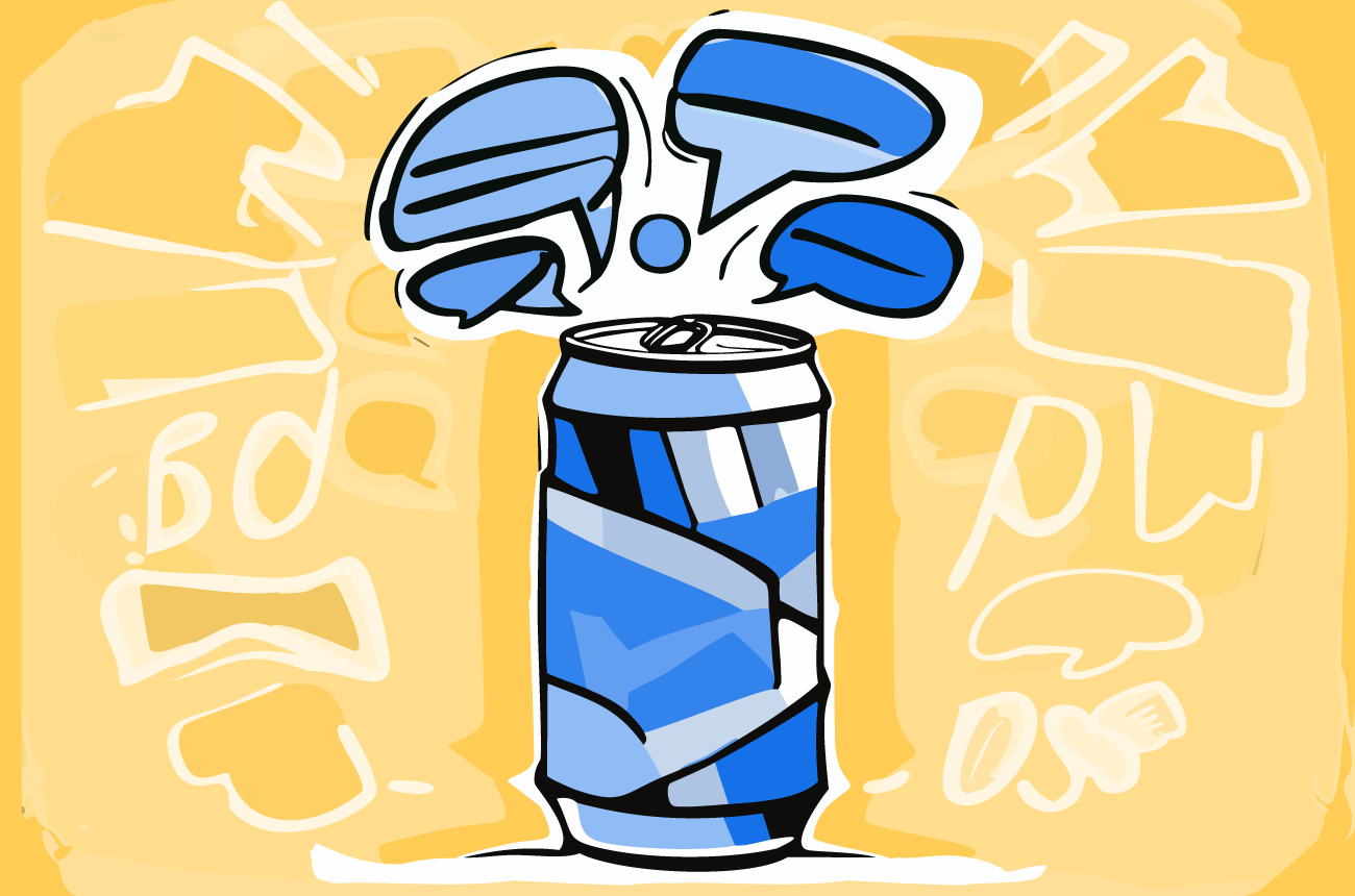 Illustration of a soda can with chat bubbles on the top. 