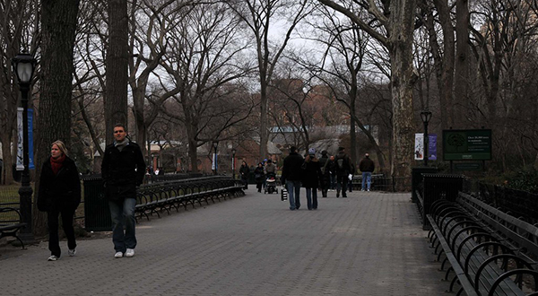 Path through Central Park in New York City with people walking past bare trees during overcast day