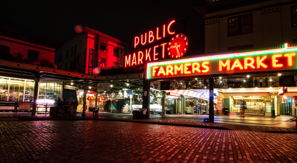 Pike Place Market in Seattle at night