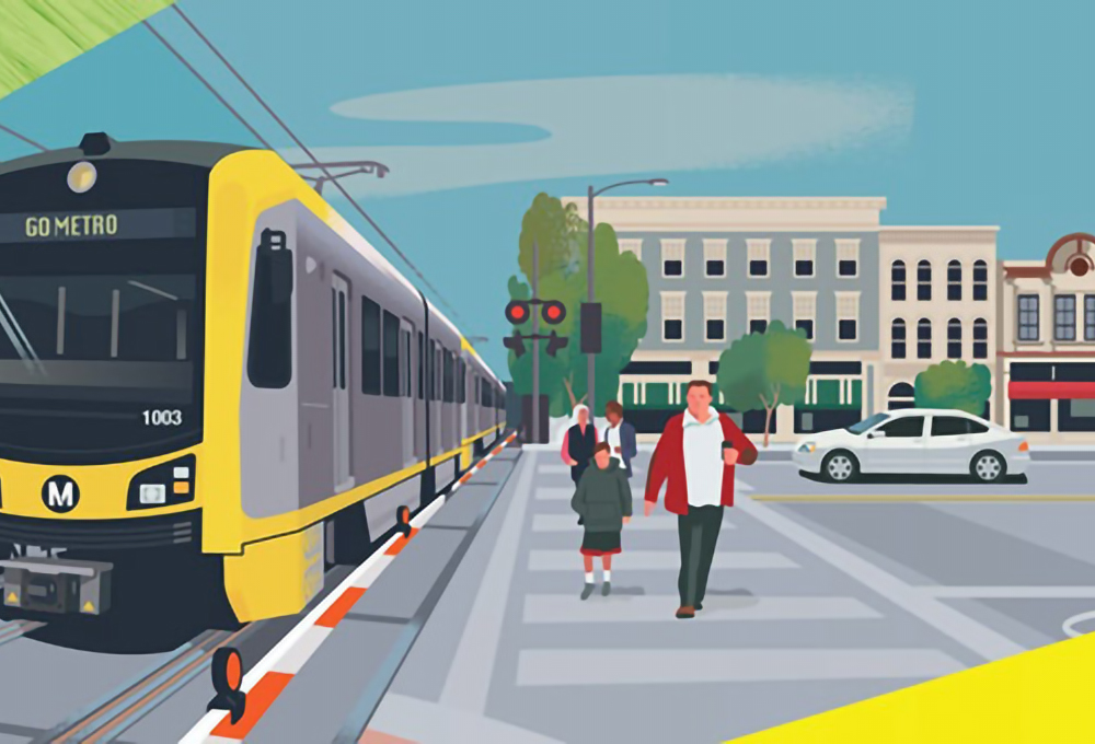 graphic of people walking next to a light rail with buildings in the background