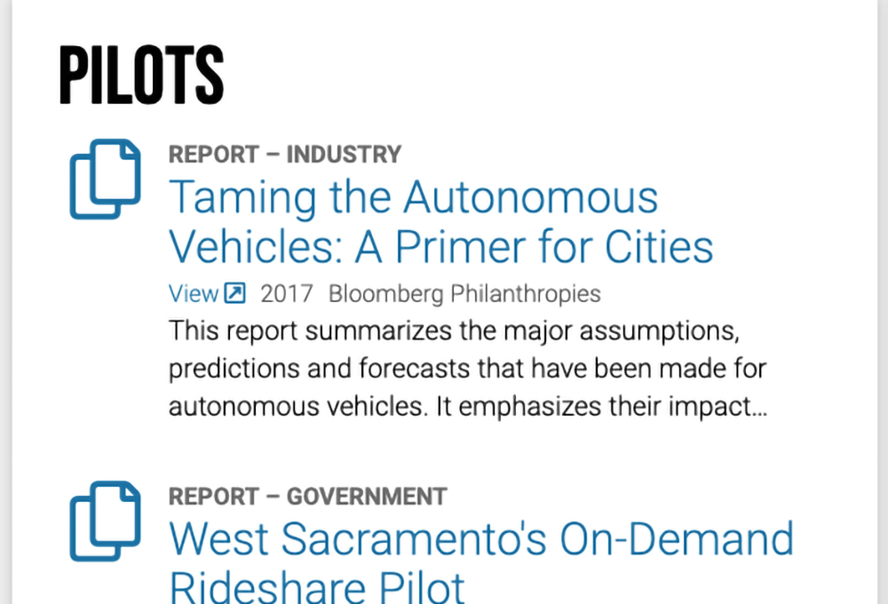 screenshot of Pilot Projects Index webpage