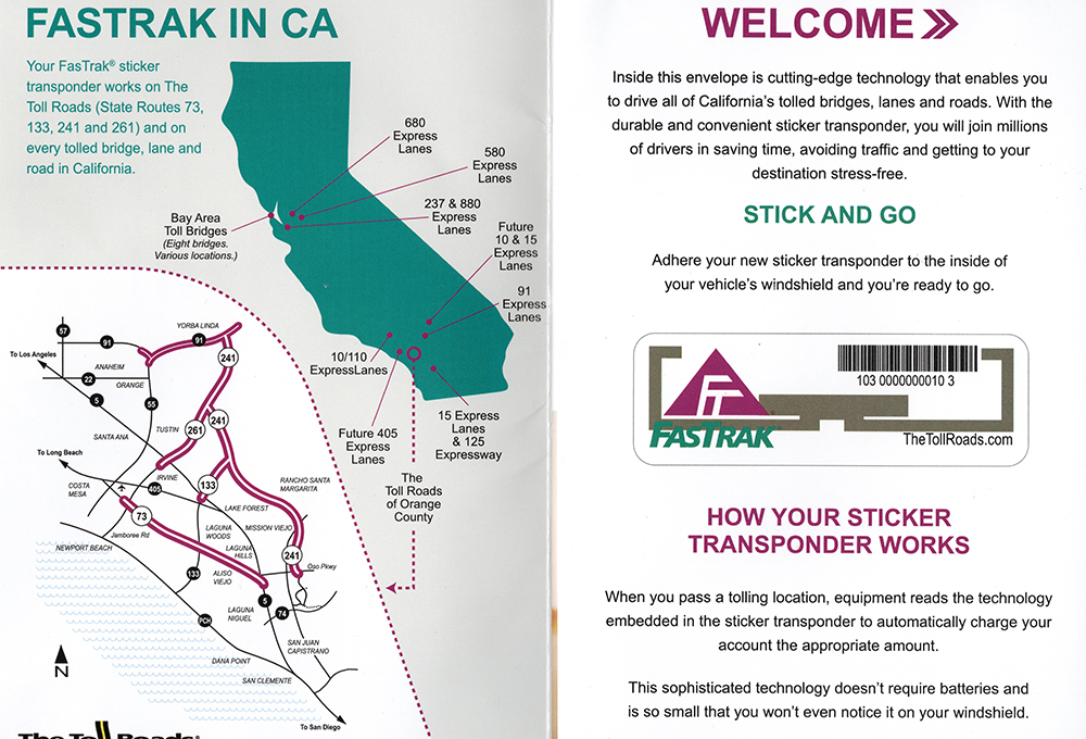 California's "Fastrak" transponder sticker and map of tolls