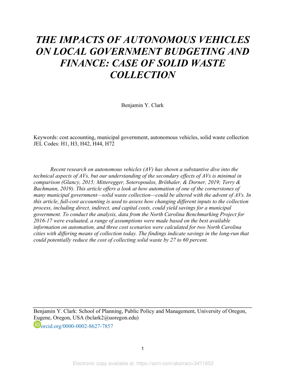 The Impacts of Autonomous Vehicles on Local Government Budgeting and Finance: Case of Solid Waste Collection