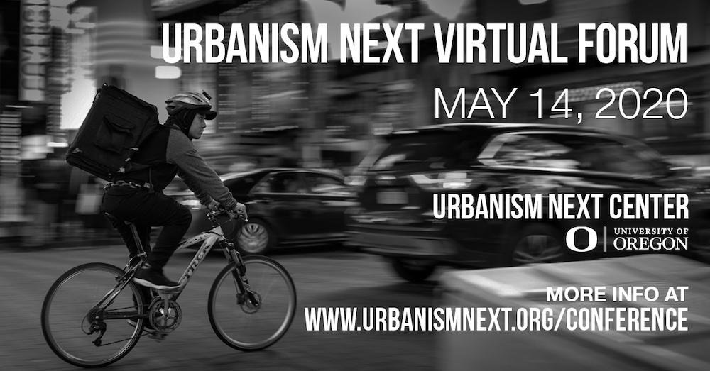 Bike messenger on city street. Virtual Forum May 14, 2020. University of Oregon.