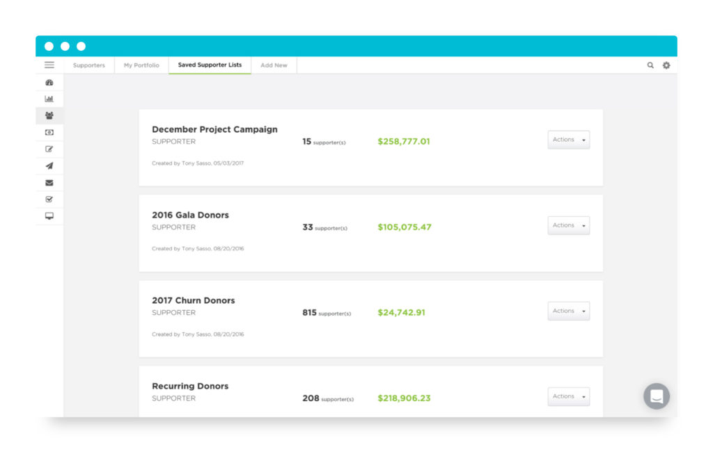 A screenshot of a donor CRM highlighting Saved Supporter Lists.