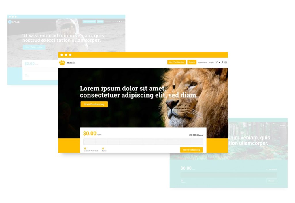 Three screenshots of peer-to-peer fundraising pages. The two in the background are faded, and the one in front is bright and showcases a lion.
