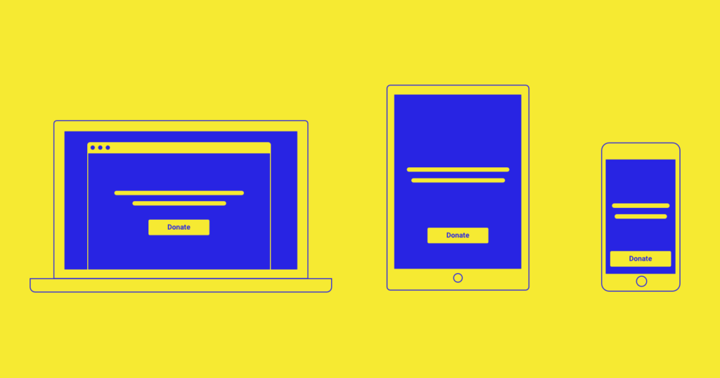 Purely descriptive image of three digital devices with Donate buttons: laptop, tablet, and smartphone. The devices are simple illustrations rendered in royal blue on a bright yellow background.