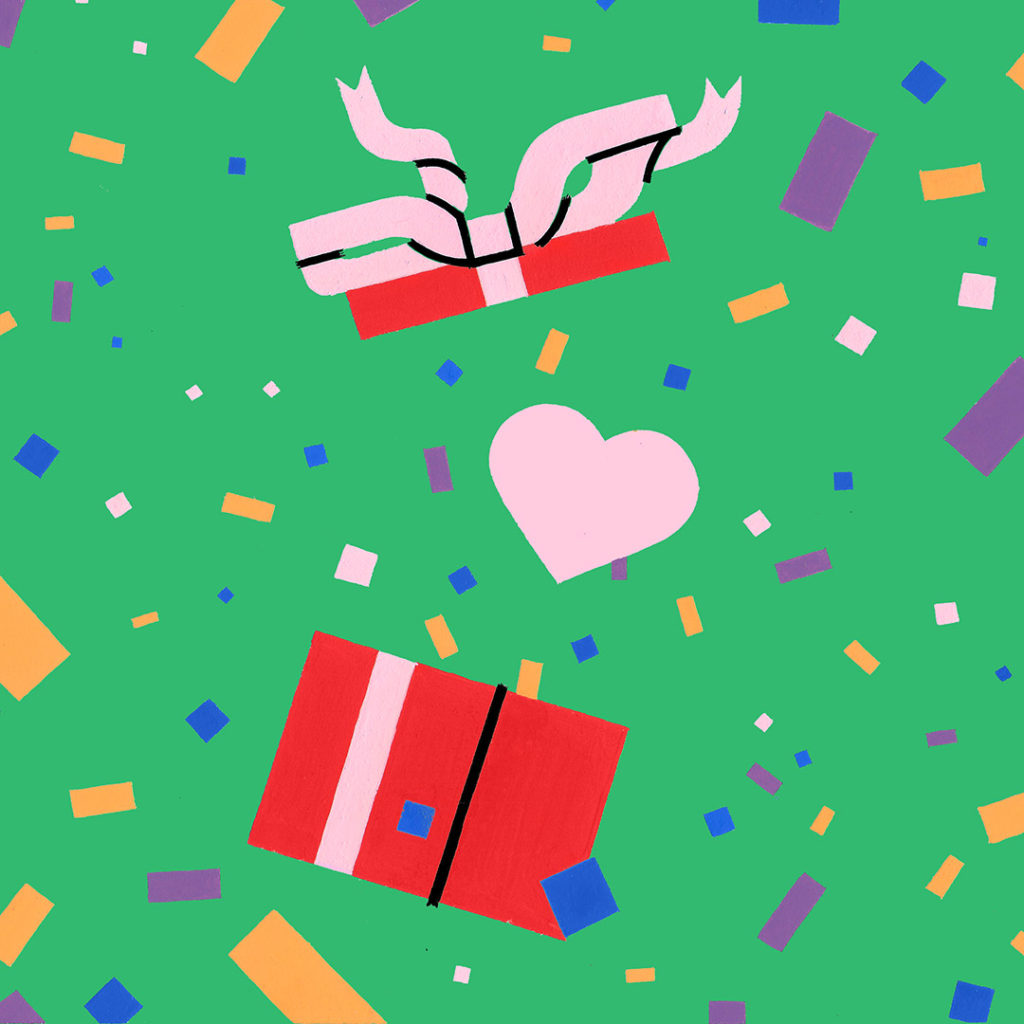 This is a hand-painted image of a present bursting open an a heart coming out. Art by Sophie Cunningham
