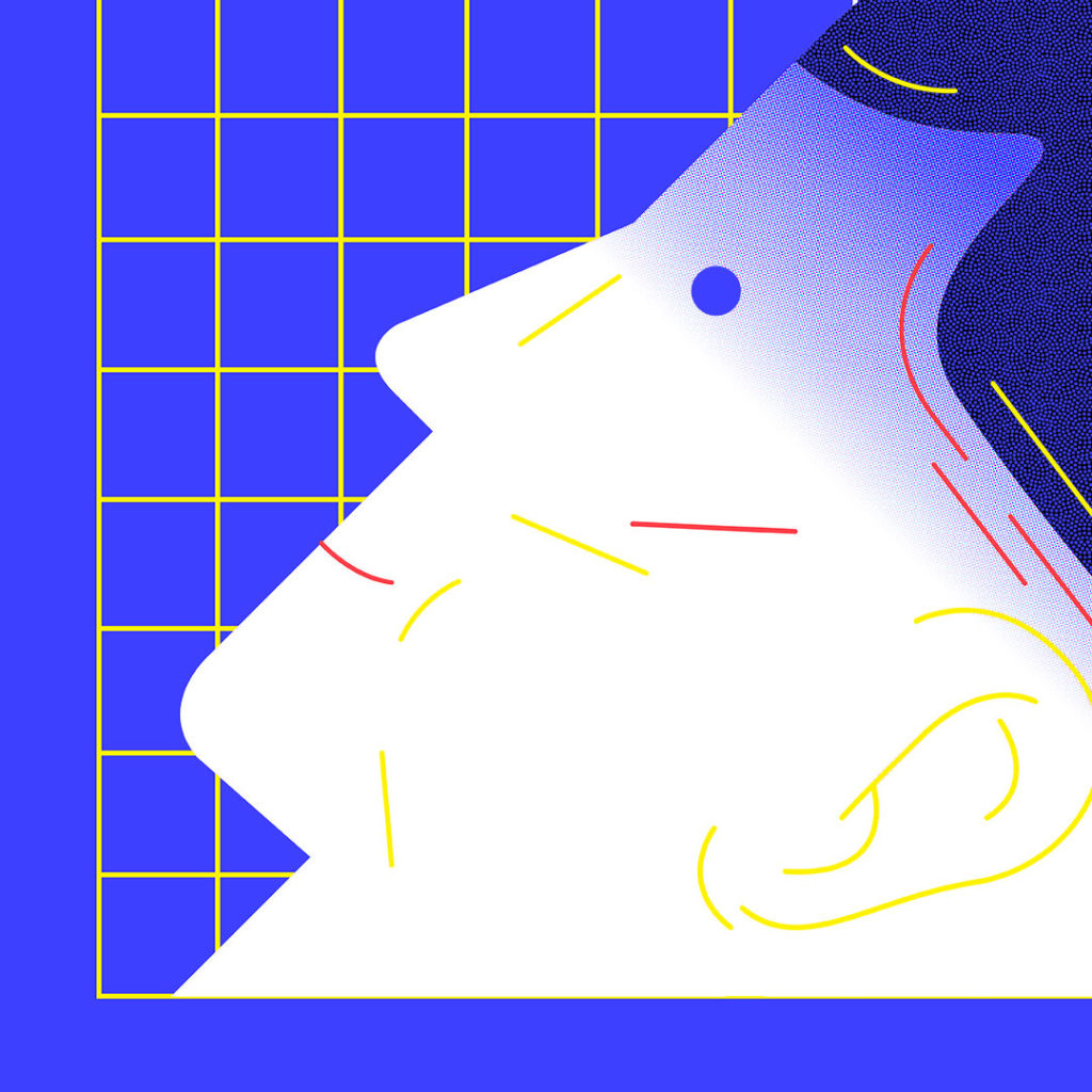 An artistic rendering of a white face in profile on a blue-purple gridded background. The ace has yellow ears, blue eyes, and dark hair.