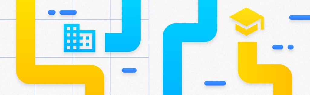 Yellow and blue lines on a grid lead from donors to businesses to schools.