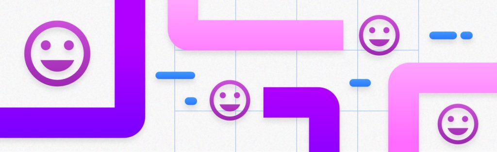 pink and purple lines lead between purple happy faces on a white grid.