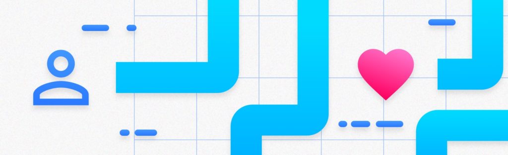 blue lines on a white grid lead to a heart.