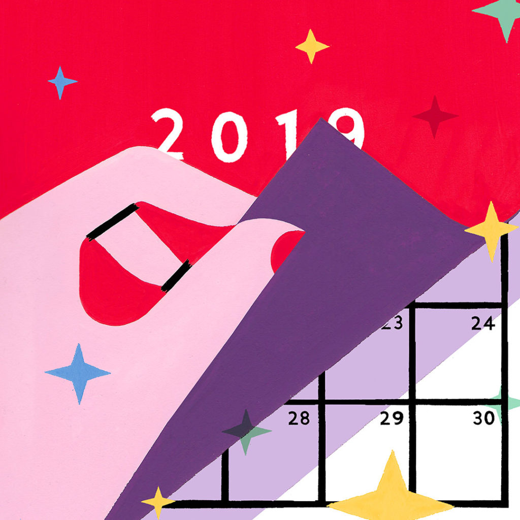 Red 2019 calendar with hand flipping to the next month. Art by Sophie Cunningham