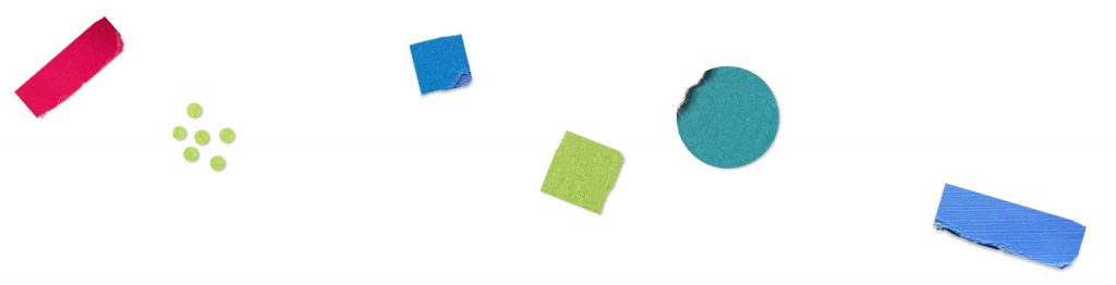 White background with scattered colorful shapes.