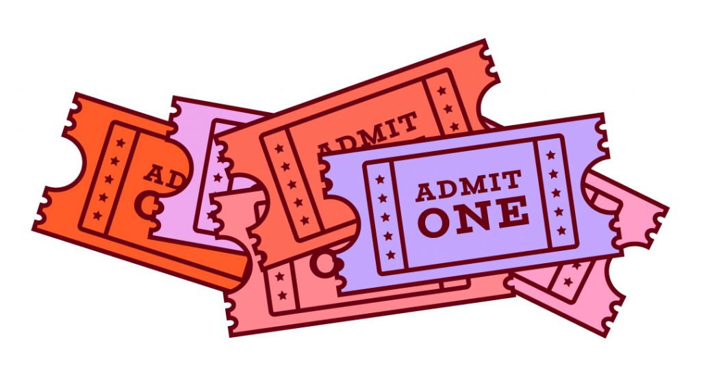 Retro admit one event ticket in red, purple and pink on a white background.